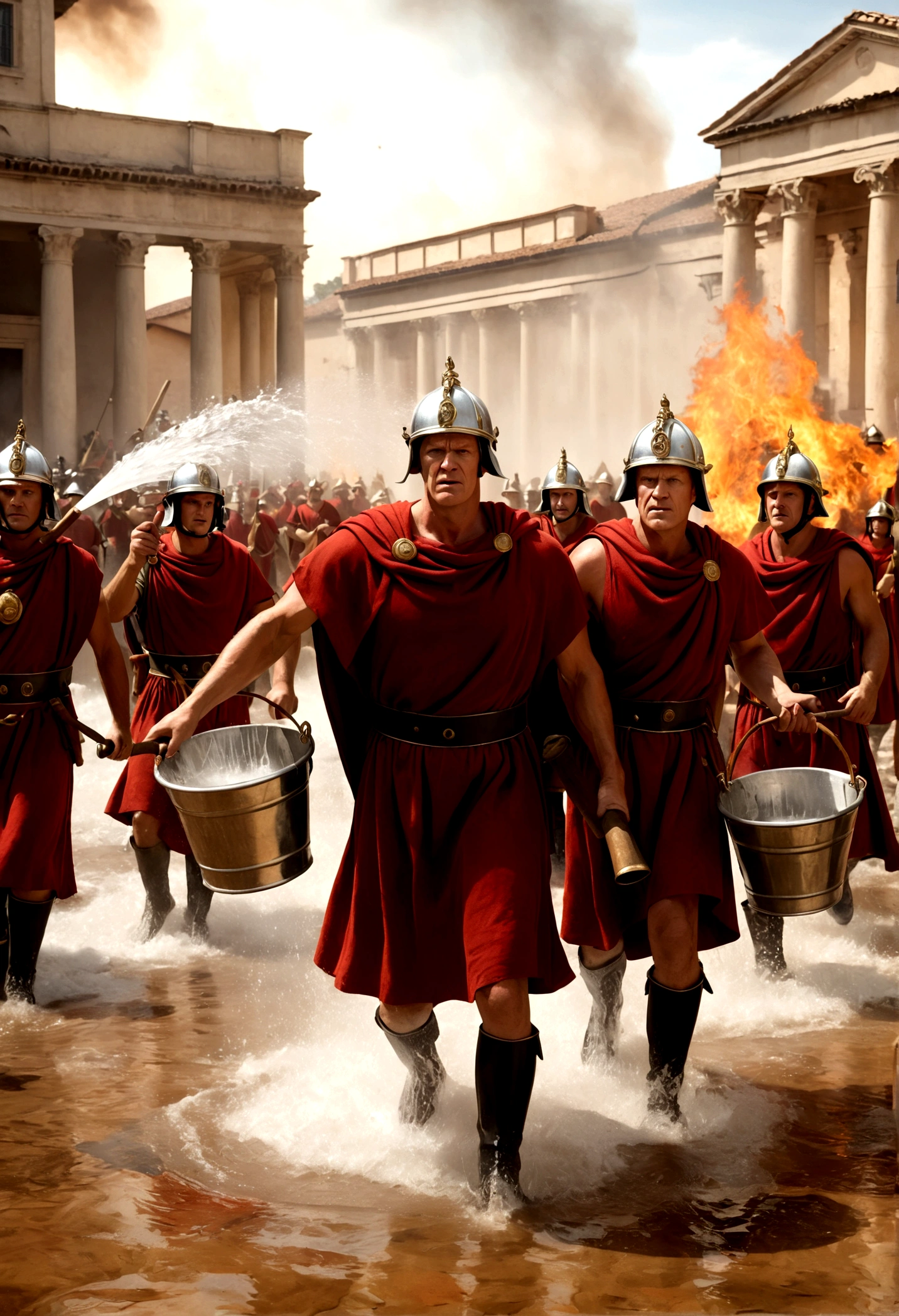 "A detailed image of Marcus Crassus's personal brigade of firefighters, dressed in ancient Roman attire and laurel wreaths, passing buckets of water to extinguish a burning building. The scene captures the teamwork of the firefighters in a bucket brigade, with Crassus in the background, overseeing their efforts with a confident expression. The backdrop includes Roman-style architecture and the blazing fire they are combating."
Size: "1024x1024"