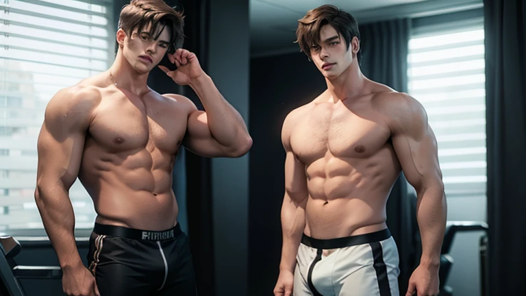 Masterpiece, Best quality, Korean mans, gym background, muscle body, Natural eyes, large bulge, short detailed hair, Sexy guys, looking at viewert, top less, Black briefs, Triangle men's underwear, a little, standing, musculature