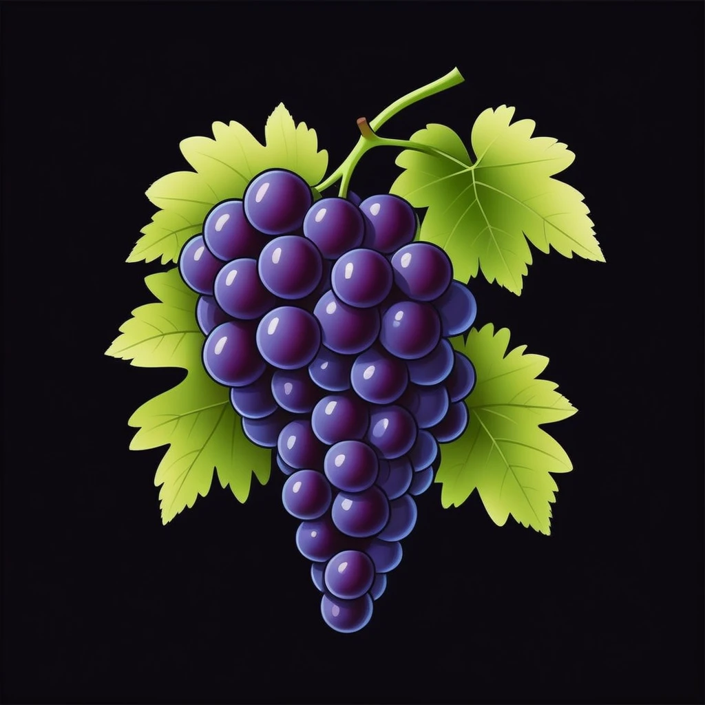realistic grape, black background, cartoon style