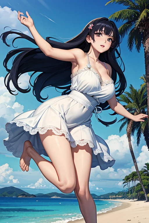 (Highest quality、masterpiece、High resolution、8K)、Vibrant colors、1 Female、Long black hair、Miho no Matsubara、Old Japan、Hagoromo Legend、whole body、barefoot、Beautiful woman in white lace dress jumps high、Official Art、The background is the sea、blue sky、Wide sandy beach、Large pine forest、