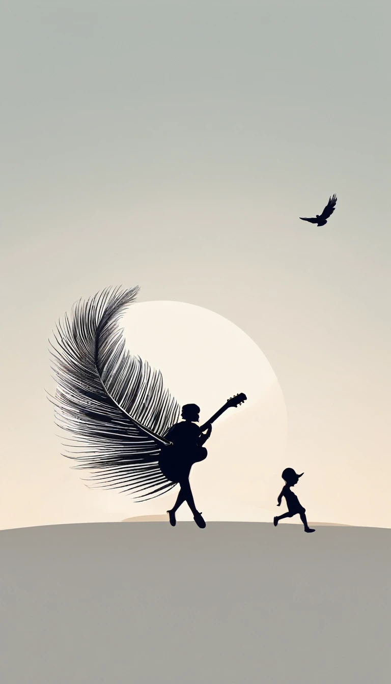 A minimal, modern, simple, cinematic, minimalistic logo design for the brand “Penamemoria". The logo design must be a simple, magical feather and a boy running and holding an acoustic guitar. The logo must convey a sense of music, stories and dreams. Logo design impressed on a book cover. Minimalistic logo
