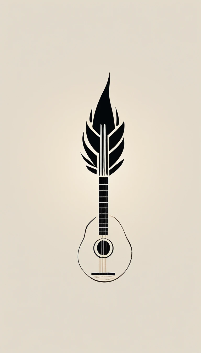 A minimal, modern, simple, cinematic, minimalistic logo design for the brand “Penamemoria". The logo design must be a simple, magical feather and a boy running and holding an acoustic guitar. The logo must convey a sense of music, stories and dreams. Logo design impressed on a book cover. Minimalistic logo