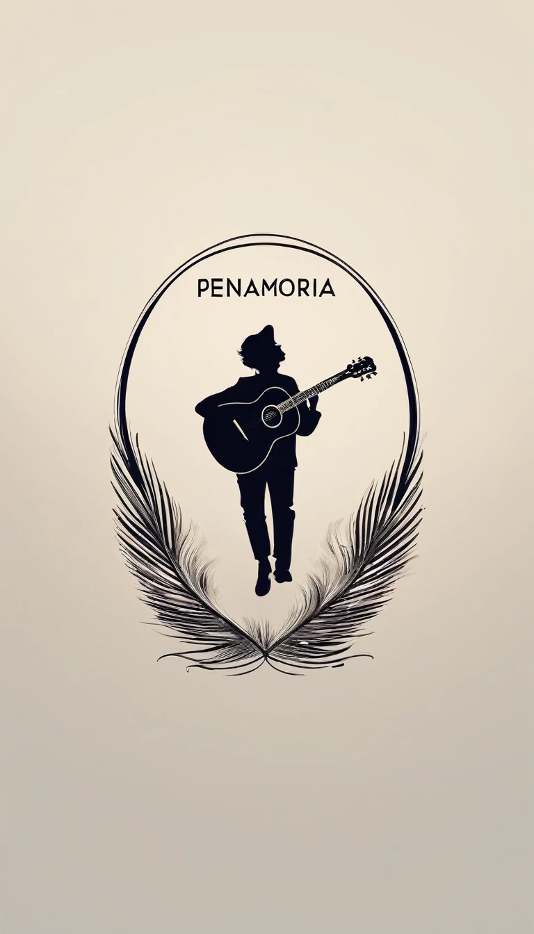 A minimal, modern, simple, cinematic, minimalistic logo design for the brand “Penamemoria". The logo design must be a simple, magical feather and a boy running and holding an acoustic guitar. The logo must convey a sense of music, stories and dreams. Logo design impressed on a book cover. Minimalistic logo
