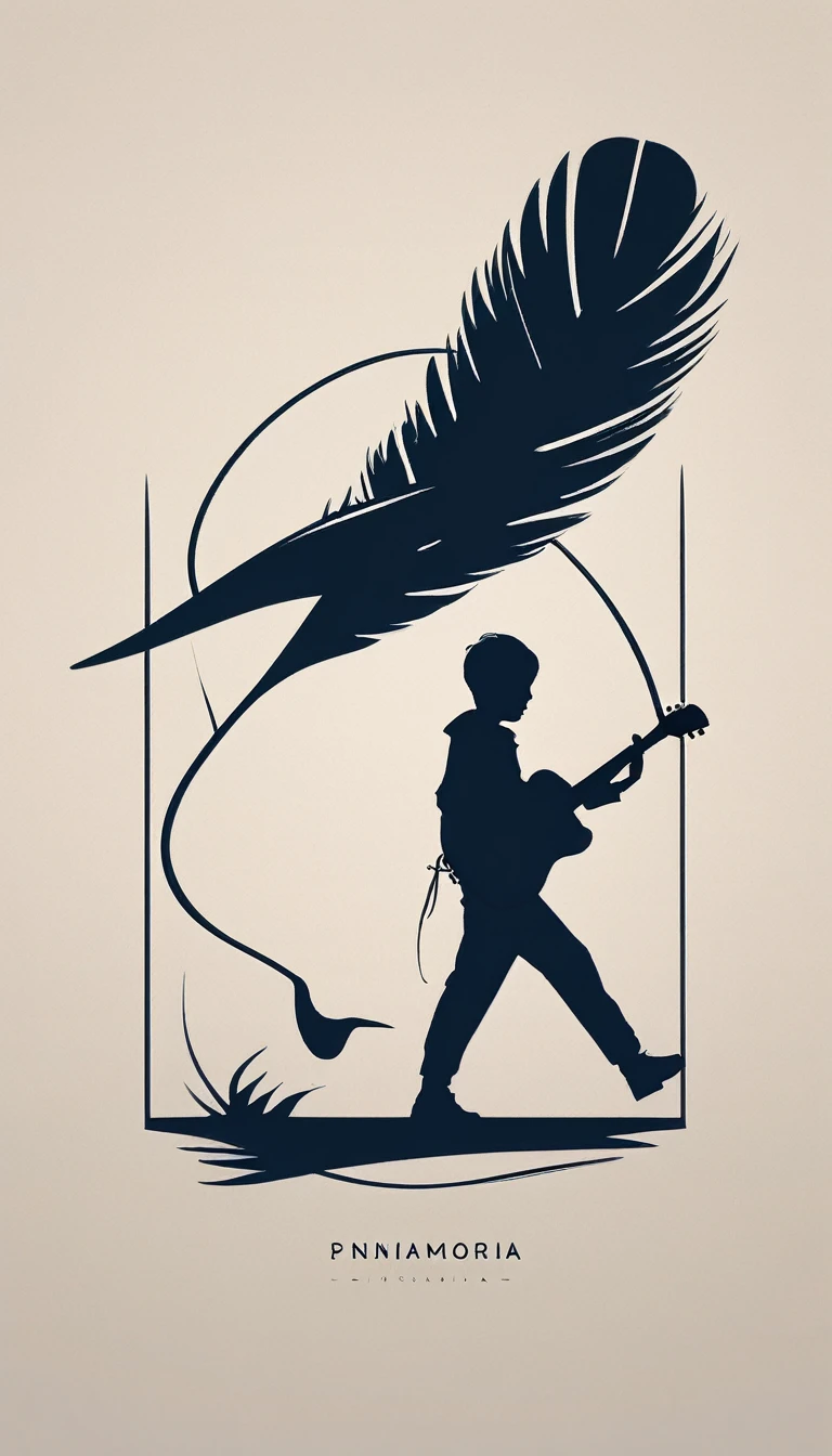 A minimal, modern, simple, cinematic, minimalistic logo design for the brand “Penamemoria". The logo design must be a simple, magical feather and a boy running and holding an acoustic guitar. The logo must convey a sense of music, stories and dreams. Logo design impressed on a book cover. Minimalistic logo