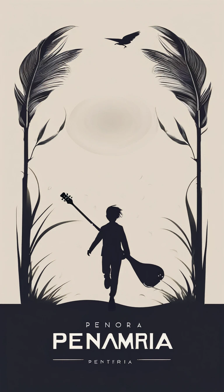 A minimal, modern, simple, cinematic, minimalistic logo design for the brand “Penamemoria". The logo design must be a simple, magical feather and a boy running and holding an acoustic guitar. The logo must convey a sense of music, stories and dreams. Logo design impressed on a book cover. Minimalistic logo
