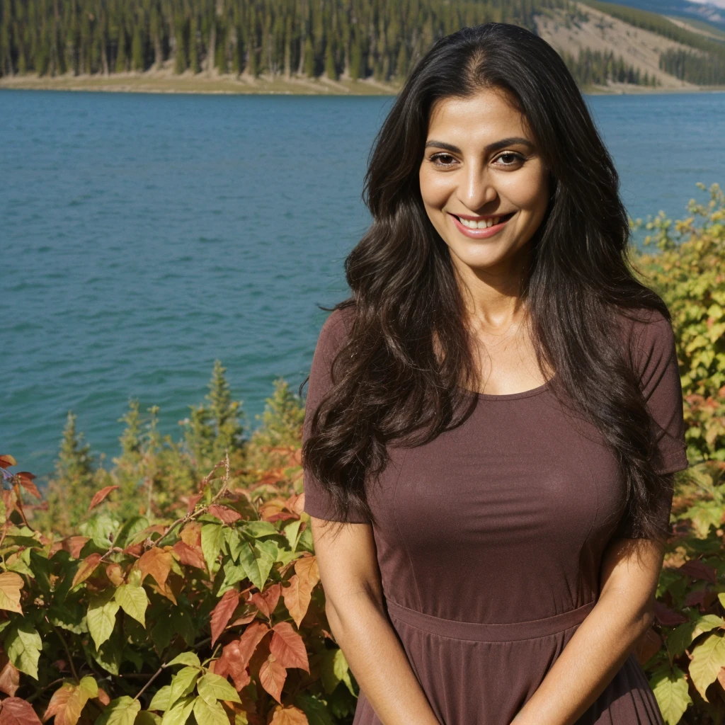 Rayuji, 1girl, ((50-year-old slim Iranian woman)), (((MILF))), ((50 years old)), (((old woman))), grandmother, (((mature woman))), ((body texture of a 50-year-old woman)), ((wrinkles on face)), ((visible eyebags)), cleavage, ((deep brown skin tone)), ((long wavy dark brown hair), ((wearing summer dress outside overlooking the Lake Louise, Alberta)), (((upper body and upper legs))), (((slim))), standing, autumn leaves, ((weird smile))
