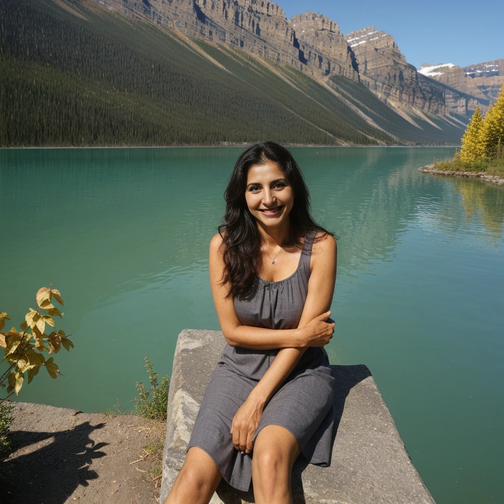 Rayuji, 1girl, ((50-year-old slim Iranian woman)), (((MILF))), ((50 years old)), (((old woman))), grandmother, (((mature woman))), ((body texture of a 50-year-old woman)), ((wrinkles on face)), ((visible eyebags)), cleavage, ((deep brown skin tone)), ((long wavy dark brown hair), ((wearing summer dress outside overlooking the Lake Louise, Alberta)), (((upper body and upper legs))), (((slim))), standing, autumn leaves, ((weird smile))