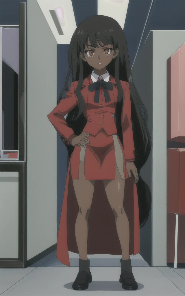 90s anime black skinned business girl in a red blazer skirt suit with a blouse underneath