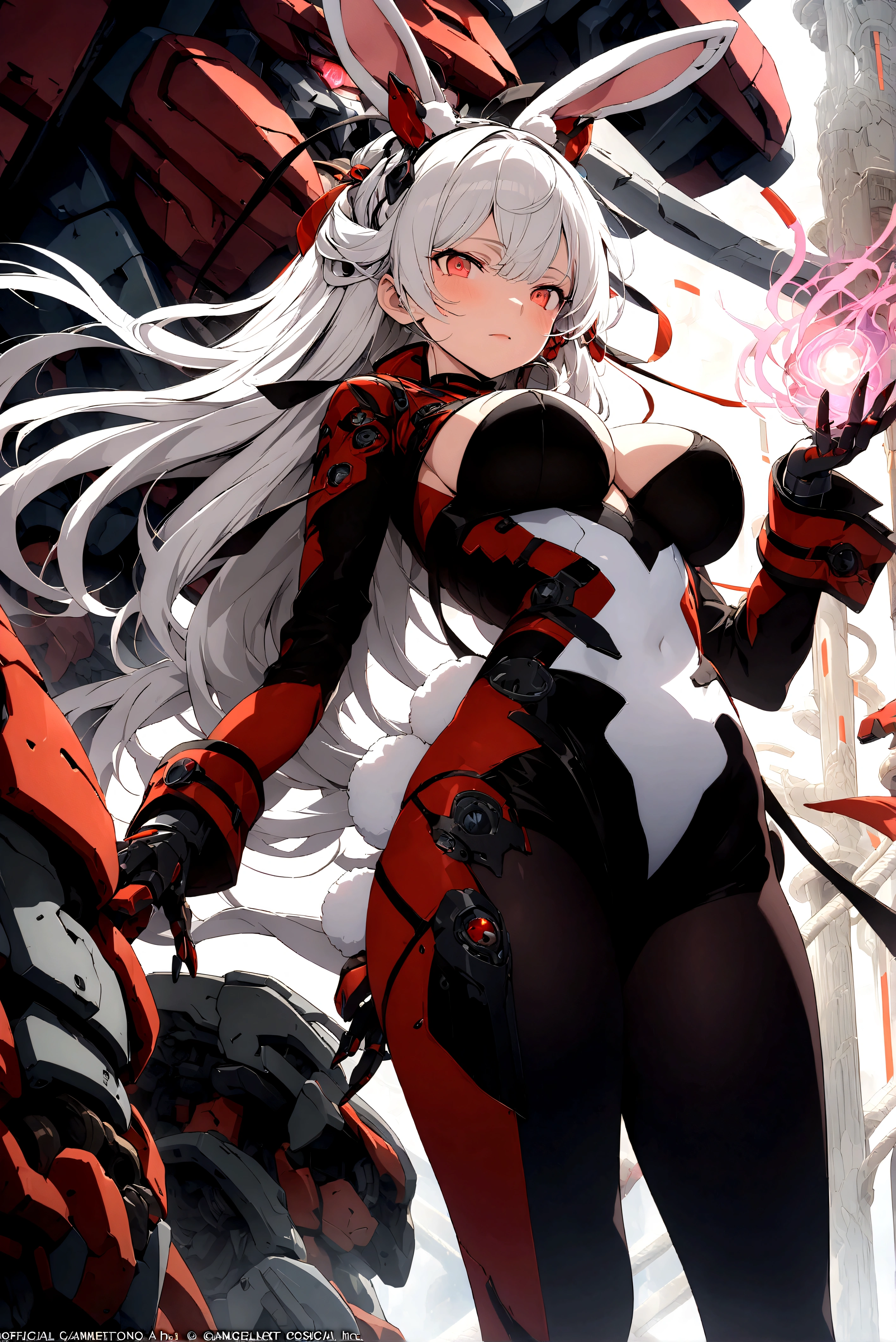 (masterpiece, Top quality, best quality, Official Art, Beauty and aesthetics: 1.2), Very detailed, Fractal Art, rich and colorful, Most detailed, tangled, (1 Girl), White hair, Long hair, (Glittering red eyes), Large Breasts, mystery, (magic), Tights, Sexy, (Mecha, Rabbit ears)