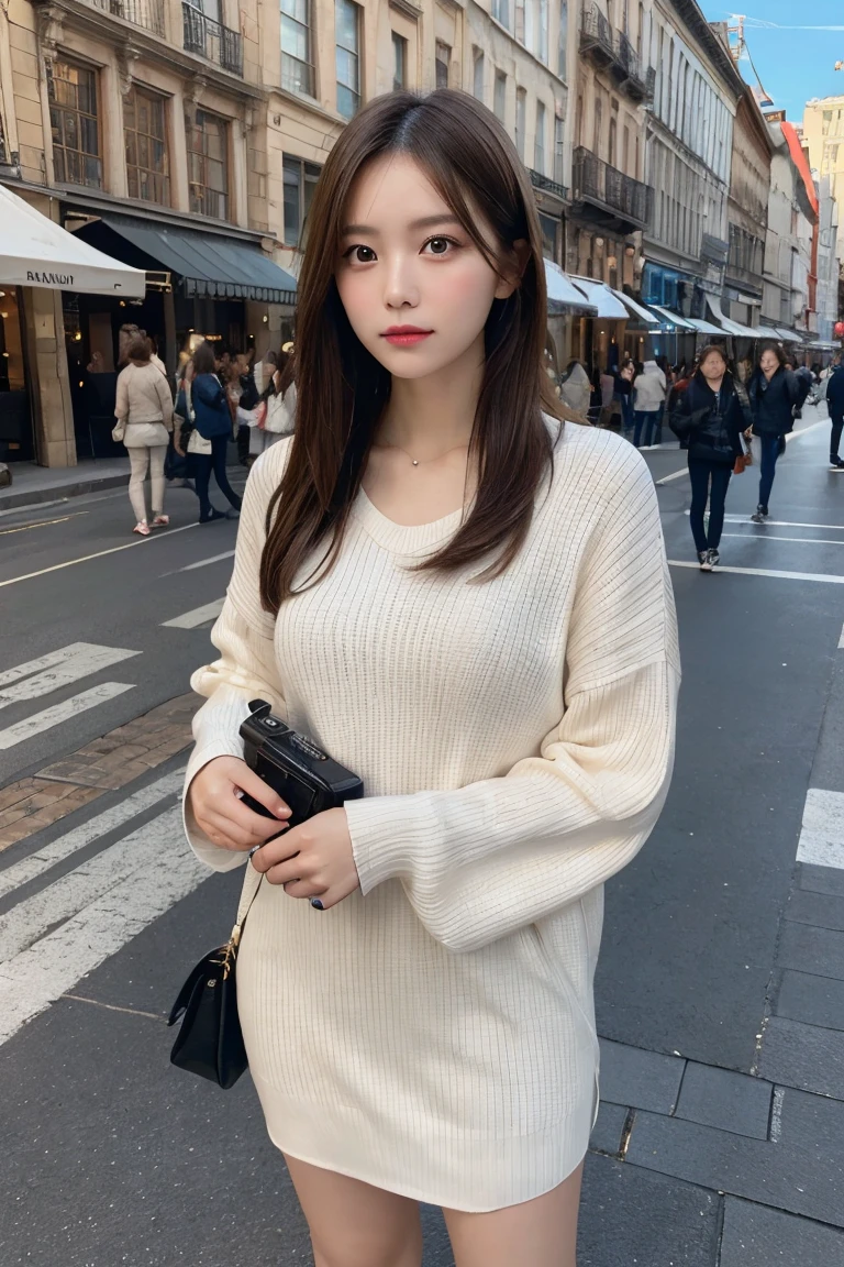 Travel abroad ,woman, take a picture、looking at the camera,Highest quality, shape, Very detailed, In detail, High resolution, 8k wallpaper,Full Body Shot