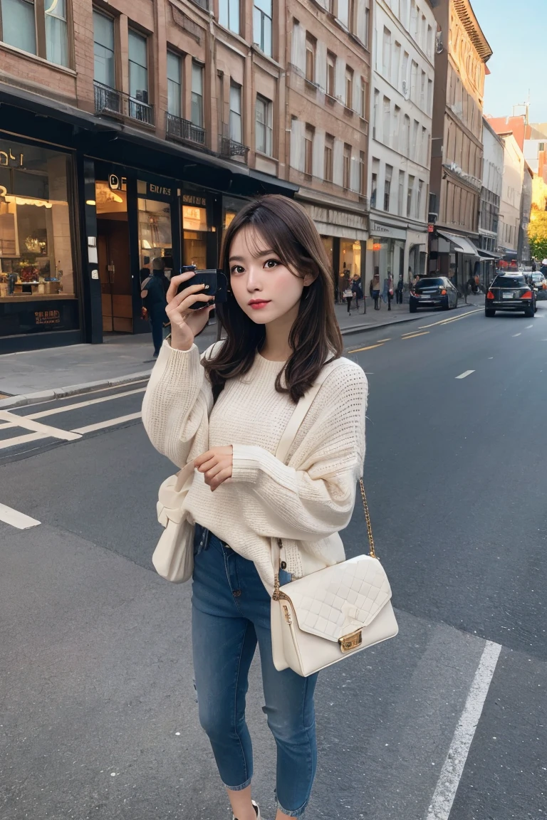 Travel abroad ,woman, take a picture、looking at the camera,Highest quality, shape, Very detailed, In detail, High resolution, 8k wallpaper,Full Body Shot