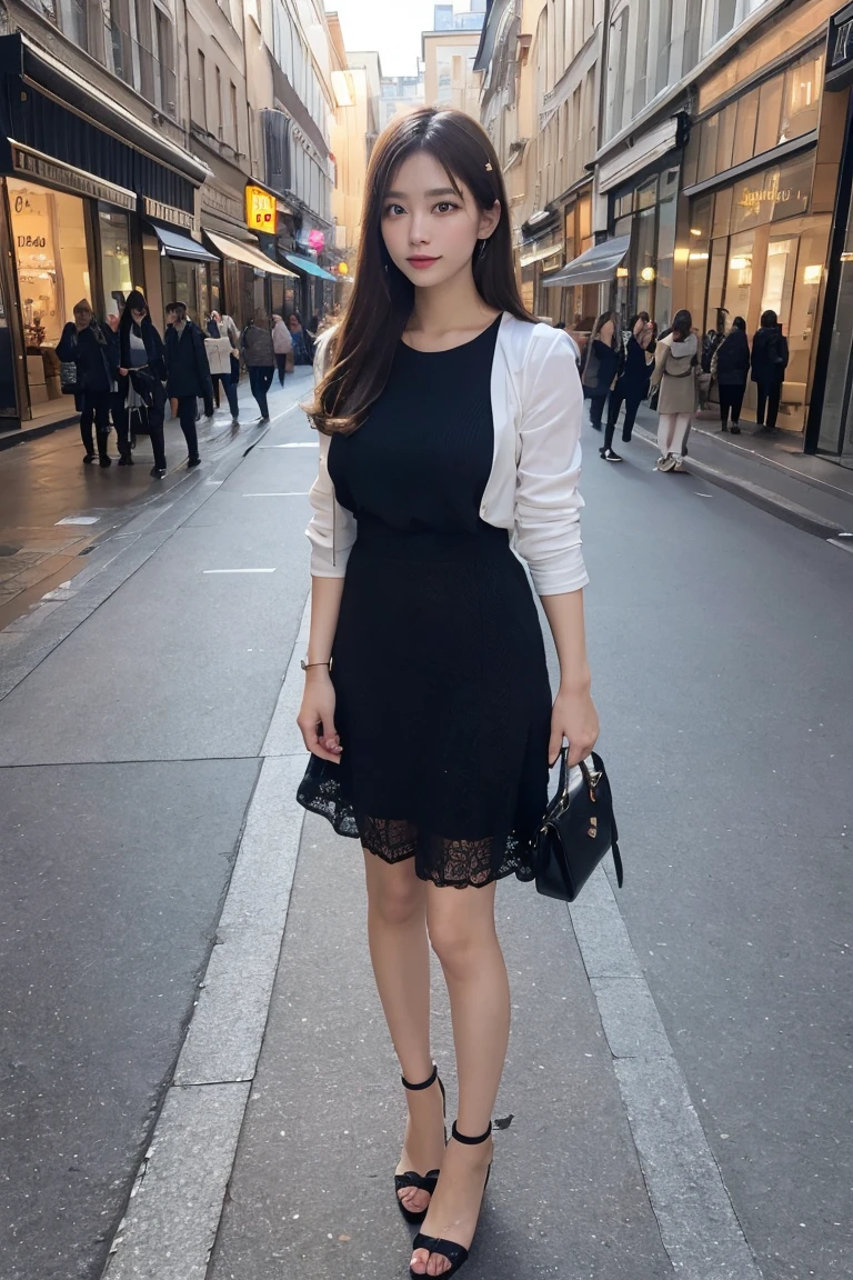 Travel abroad ,woman, take a picture、looking at the camera,Highest quality, shape, Very detailed, In detail, High resolution, 8k wallpaper,Full Body Shot