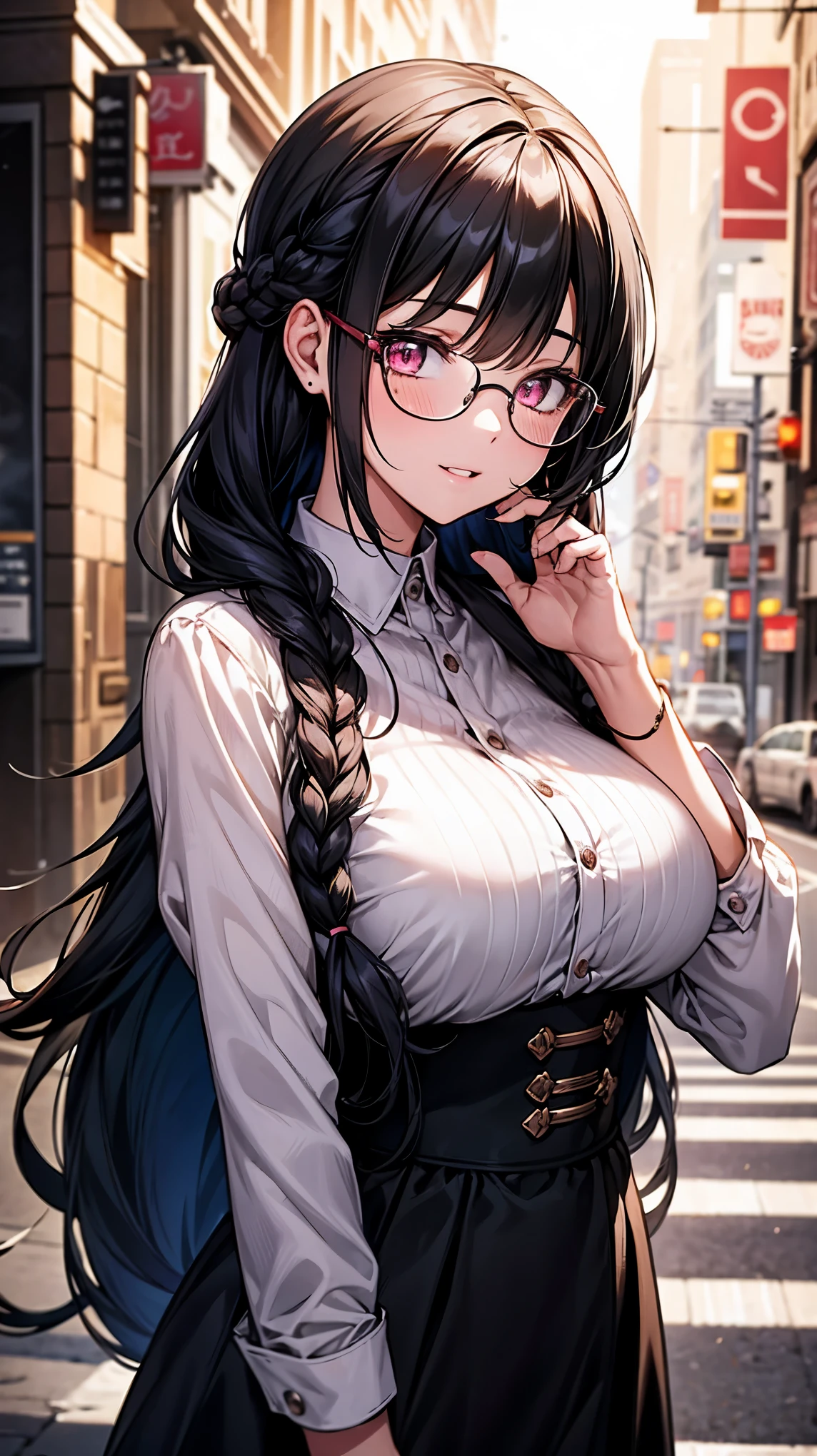 (best quality, Masterpiece), 1 girl, The sun shines, In the building, black hair, Beautiful long hair, braid, pink eyes, glasses, very cute, Bright face, Good mood, big breasts, Beautiful fashion outfit, shy, 1 woman, young girl, (Goosebumps:0.7), Beautiful face, (shyไลเนอร์, lipstick:0.9), nighttime, street lights, fall, 4K, 8K, UHD, HDR, detailed background, background