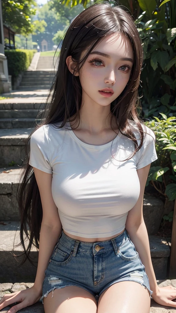 (Best quality, 8k, Masterpiece :1.3), (realistic, photorealistic: 1.37), (1girl), (Pretty woman in her 20s), (slim), (emphasizing slender abs :1.3), (Japanese), (loose white shirt, tight jean shorts that accentuate her big buttocks), (random pose), (wet body), (long hair, random hairstyle), (large breasts :1.3), (outdoors), (Ultra-detailed face), (Detailed eyes), (Double eyelids), (eyeshadow intensifying), (many eyelashes), (long legs), (professional lighting), (photon mapping), (radiosity), (looking directly at viewer)