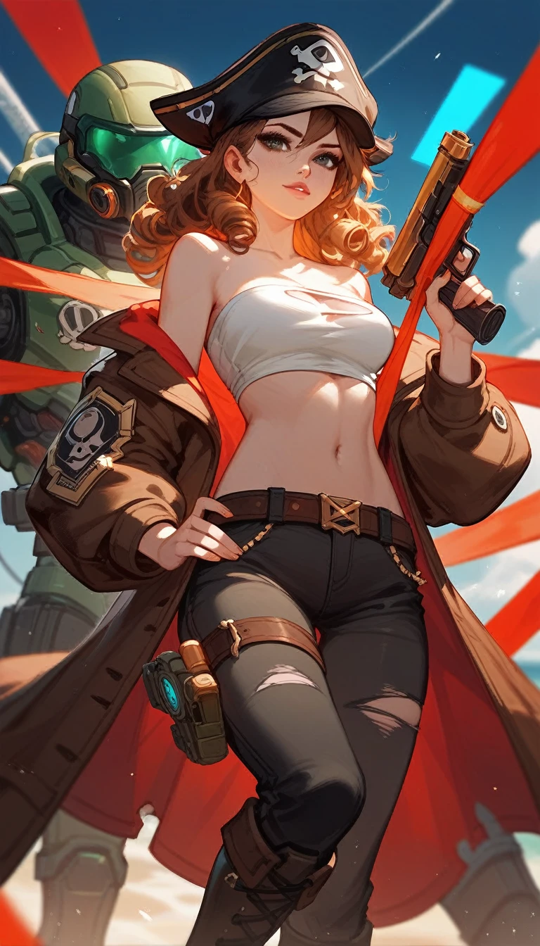 (Fraction_9,Fraction_8_Direction_7_up),（1 woman），pirate，cap，Off-shoulder，curls，White torn tube top，Brown coat，Leather boots black pants，Holding a gun, doom , League of Legends Characters, 