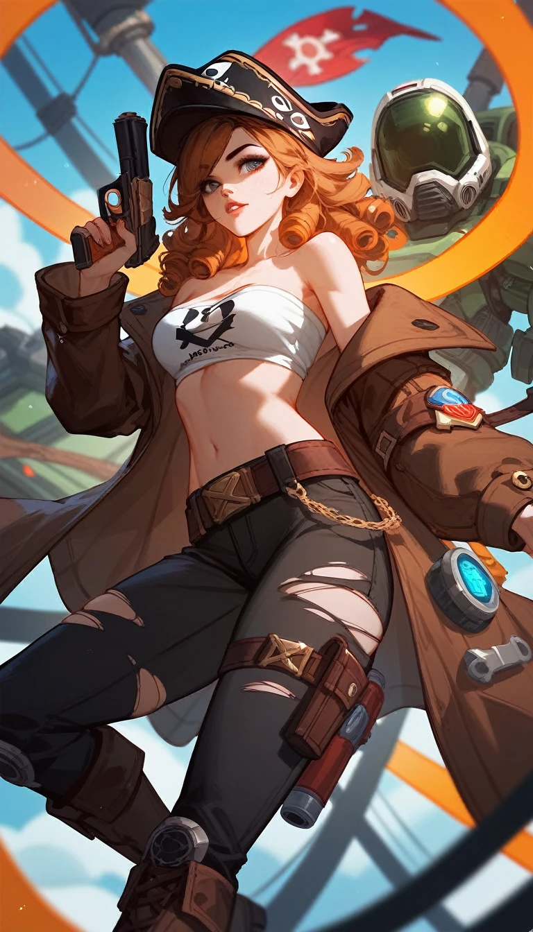 (Fraction_9,Fraction_8_Direction_7_up),（1 woman），pirate，cap，Off-shoulder，curls，White torn tube top，Brown coat，Leather boots black pants，Holding a gun, doom , League of Legends Characters, 