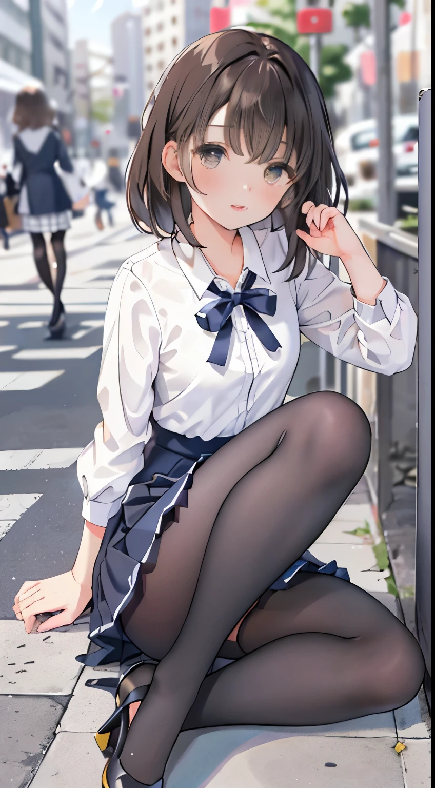 finest, masterpiece, High resolution, (whole body), front, frontComposition from slightly below, symmetry, 18 year old girl, alone, (whole body from head to toe), small breasts, brown hair, slightly messy hair, bangs, (black tights), ( (black pantyhose), black pantyhose, composition show me your white panties, slender beautiful foot, Very beautiful 18 year old girl (navy high heels) foot), blush, shy big eyes, messy hair, looking at camera, show me your white panties, Hide your arms behind your back, dark blue office lady uniform, Dark blue pencil skirt, navy blue vest, beige cardigan