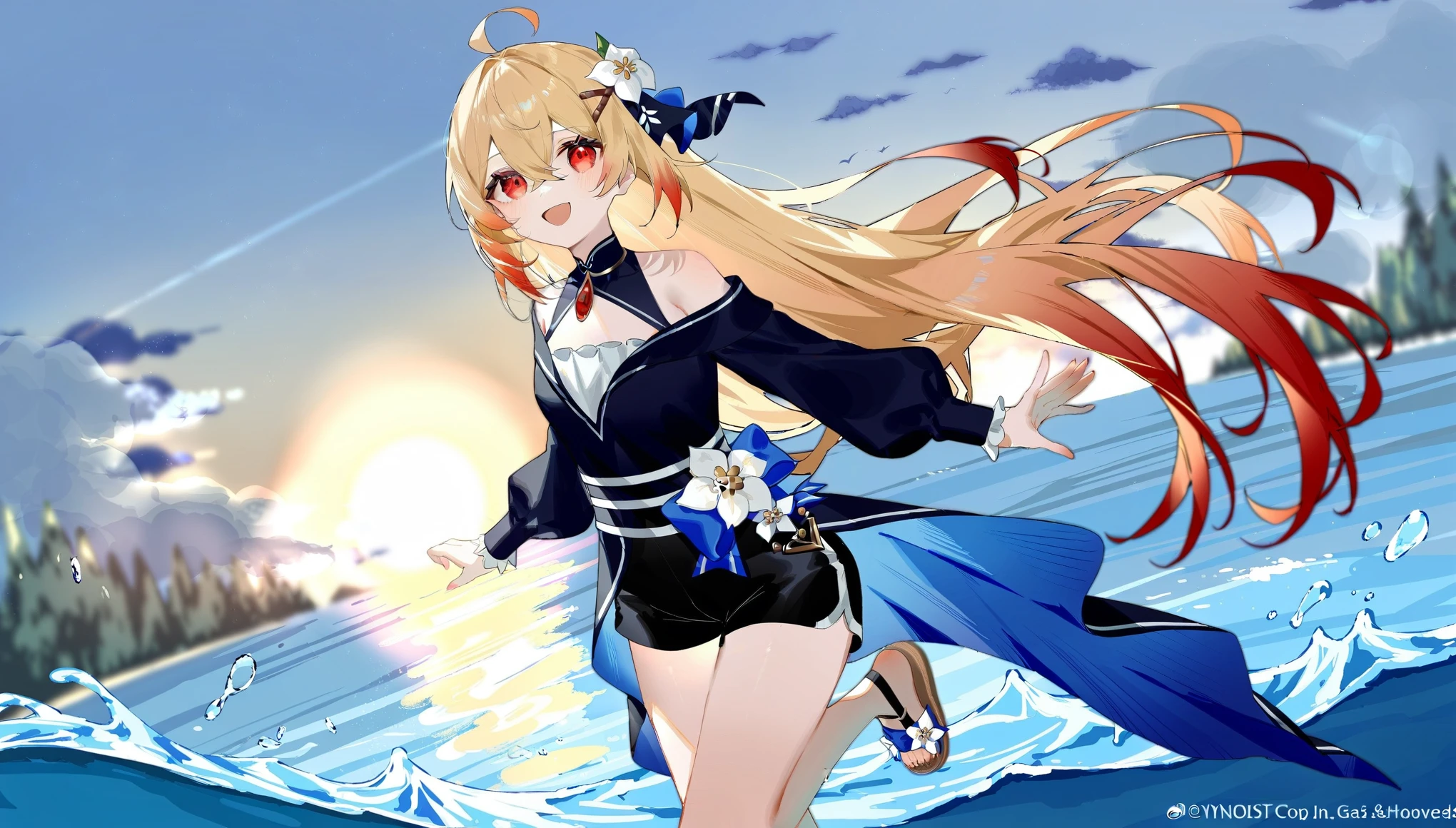 1girl, ciloranko:1.1, noyu \(noyu23386566\), wanke, official art, absurdres, best quality, perfect anatomy, newest, new, grey background, newest, new, empty eyes, red eyes, solo, outdoors, long hair, shorts, water, ahoge, looking at viewer, long sleeves, sunset, standing, bare shoulders, hair ornament, black shorts, sandals, smile, wading, open mouth, sky, standing on one leg, shirt, flower, sun, hair between eyes, short shorts, blonde hair, very long hair, :d, dress, white flower, outstretched arm, cloud, off shoulder, black footwear, painterly, oil painting style:1.1, muted colours, evening light, dark lighting