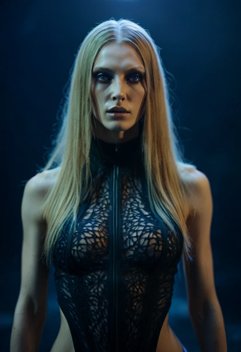 Fashionable of androgynous alien looking witch wearing veil, glowing eyes, beautiful evil slavic muscular woman, pale skin, long dark blond hair, futuristic design, minimal details, givenchy, photoreal, 200mm, hd, f/ 2.0, highly detailed, surreal , drop dead, in the style of red and blue, (intricate details, hyperdetailed:1.15) (skin texture:1.2), cinematic, professional, 4k, (((dynamic model pose))), sitting, full body, mesmerizing, dynamic, dramatic, sensual, dynamic pose, highly detailed skin with hair, subcutaneous veins, light and shadow play, highly detailed,24mm photograph, film, bokeh, professional, 4k,