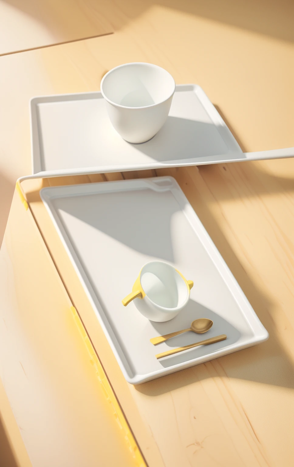 there is a yellow cup and spoon on a white tray, tabletop, table in front with a cup, product design shot, product photo, on a wooden tray, rectangle white porcelain table, with 3 d render, with 3d render, flat surface, table, product render, cut-scene, rendered in 3 dsmax, ( ( 3 d render ) )