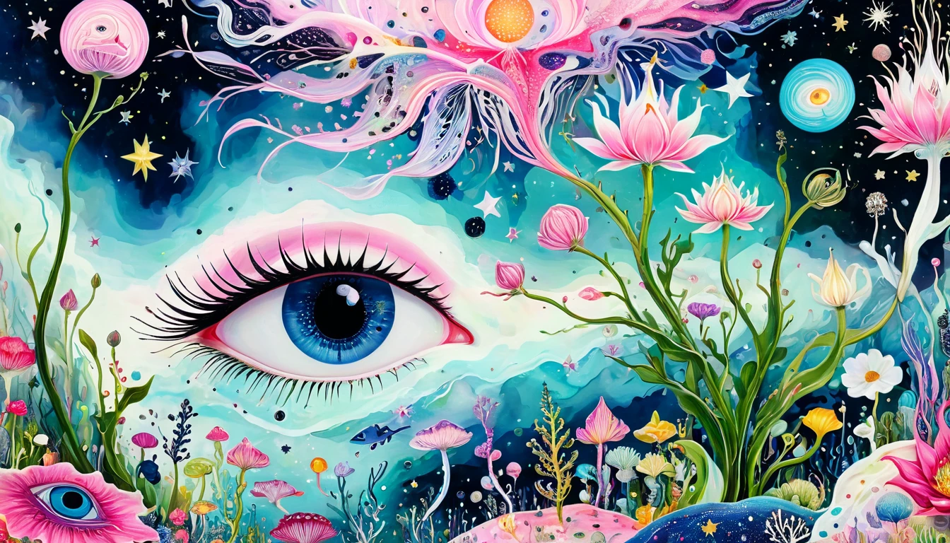intense visuals，Multi-element fusion，bud，microorganism、plant、Marine life、Eye、Starry Sky，Stitching together an abstract painting，Describing the inner world of autistic people，Sense of space，White Space，interesting，Innocence，Psychedelic Art，pink