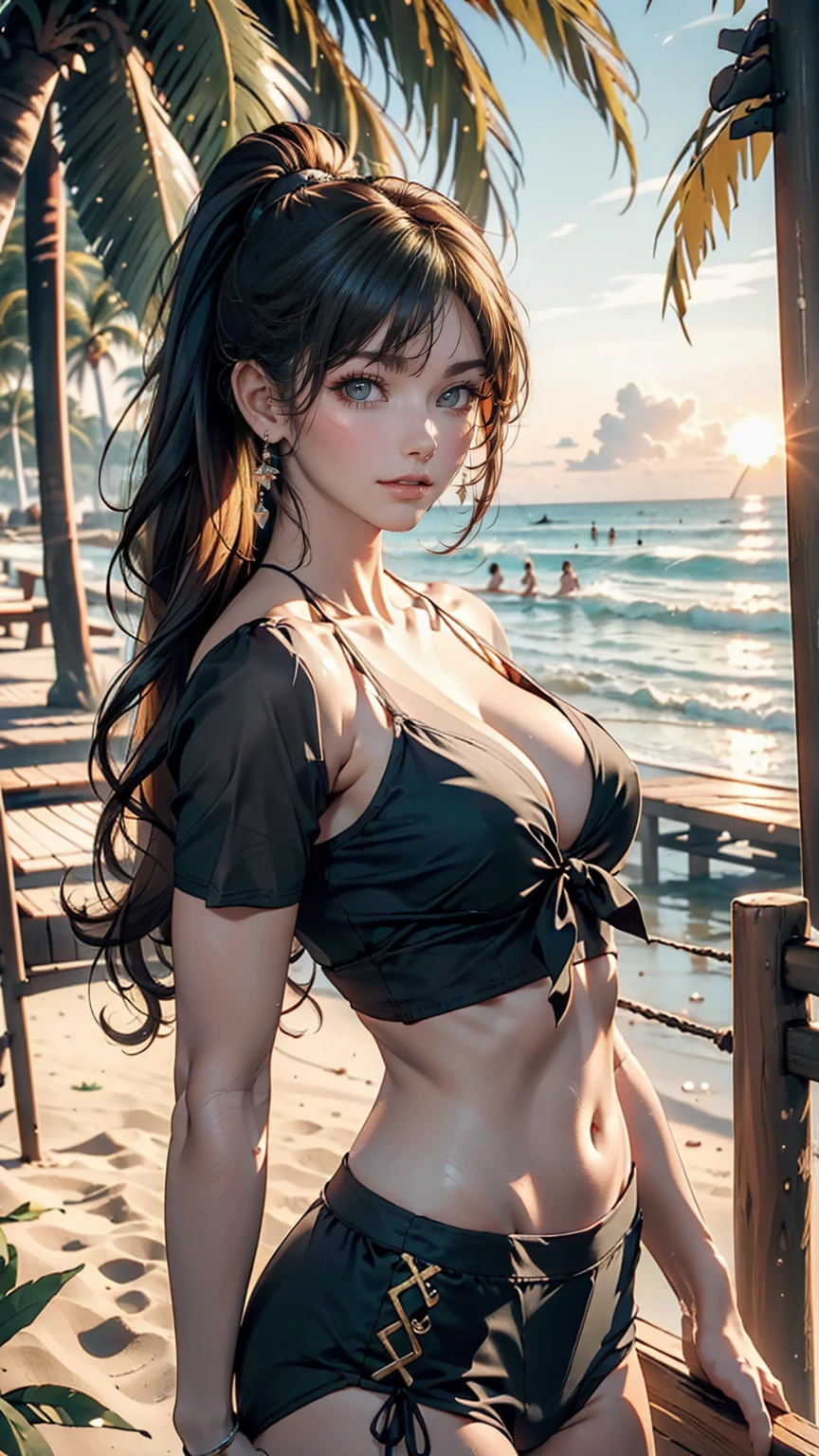 ((masterpiece, Highest quality, High resolution, Super detailed),(beautifully、Aesthetically beautiful:1.2), 1 female, Adult, Perfect body, Wavy black hair, Green Eyes, Tie your hair back、She has a beautiful ponytail, Detailed eyes and face, Oversized long shirt, Swimwear, bikini, Golden Hour, Beach, Ocean, sand, Palm tree, Complex parts, whole body, Beachные шлепки, 