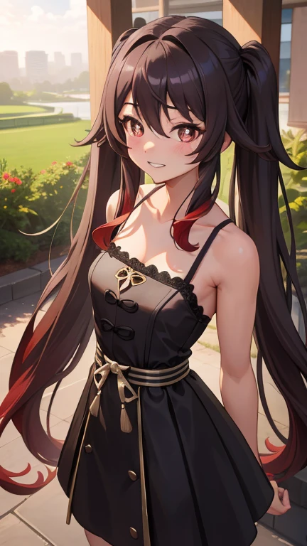 masterpiece, Highest quality, Hu Tao V4, One girl, alone, blush, Twin tails, Long Hair, Hair between the eyes,  Extremely detailed 8K, Smooth, High resolution, super high quality, Cinema Lighting, Ambient Occlusion, High resolution, 2k, 4K, 8K, 16K, Highly detailed anime, Detailed face, Perfect composition, Wide Shot, Atmospheric lighting,  Random waist angle, No correction, Browsing Caution, No correction,Camisole,,grin