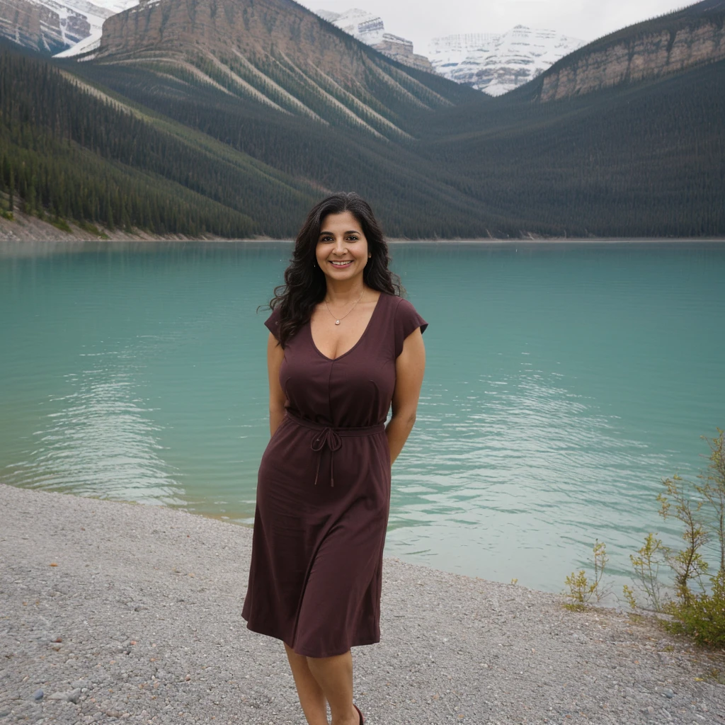Rayuji, 1girl, ((50-year-old slim Iranian woman)), (((MILF))), ((50 years old)), (((old woman))), grandmother, (((mature woman))), ((body texture of a 50-year-old woman)), ((wrinkles on face)), ((visible eyebags)), cleavage, ((deep brown skin tone)), ((long wavy dark brown hair), ((wearing summer dress outside overlooking the Lake Louise, Alberta)), (((upper body and upper legs))), (((slim))), standing, ((weird smile))