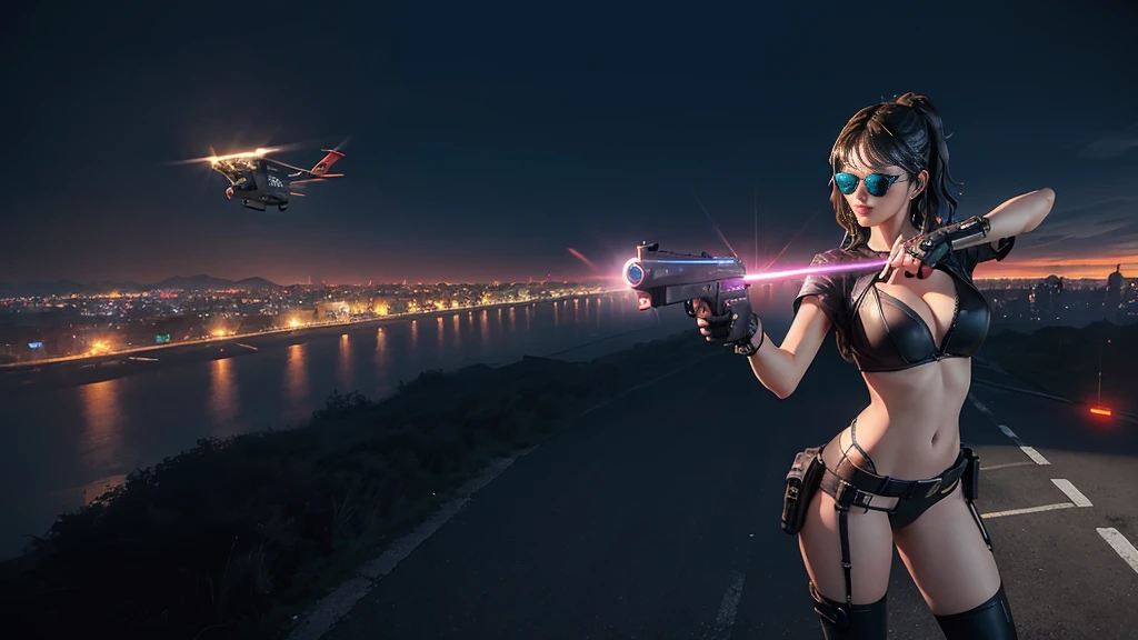 At night, dark sky, aerial view of fantasy cyberpunk style Moai-statue city, ((flying vehicle)). (1girl, solo), photo realistic, medium-breast:1.1 slim body, cleavage, sexy clothes, (black sunglasses), (((hip-up standing aiming pistol pose))), half-body thigh level medium shot, cinematic lighting.