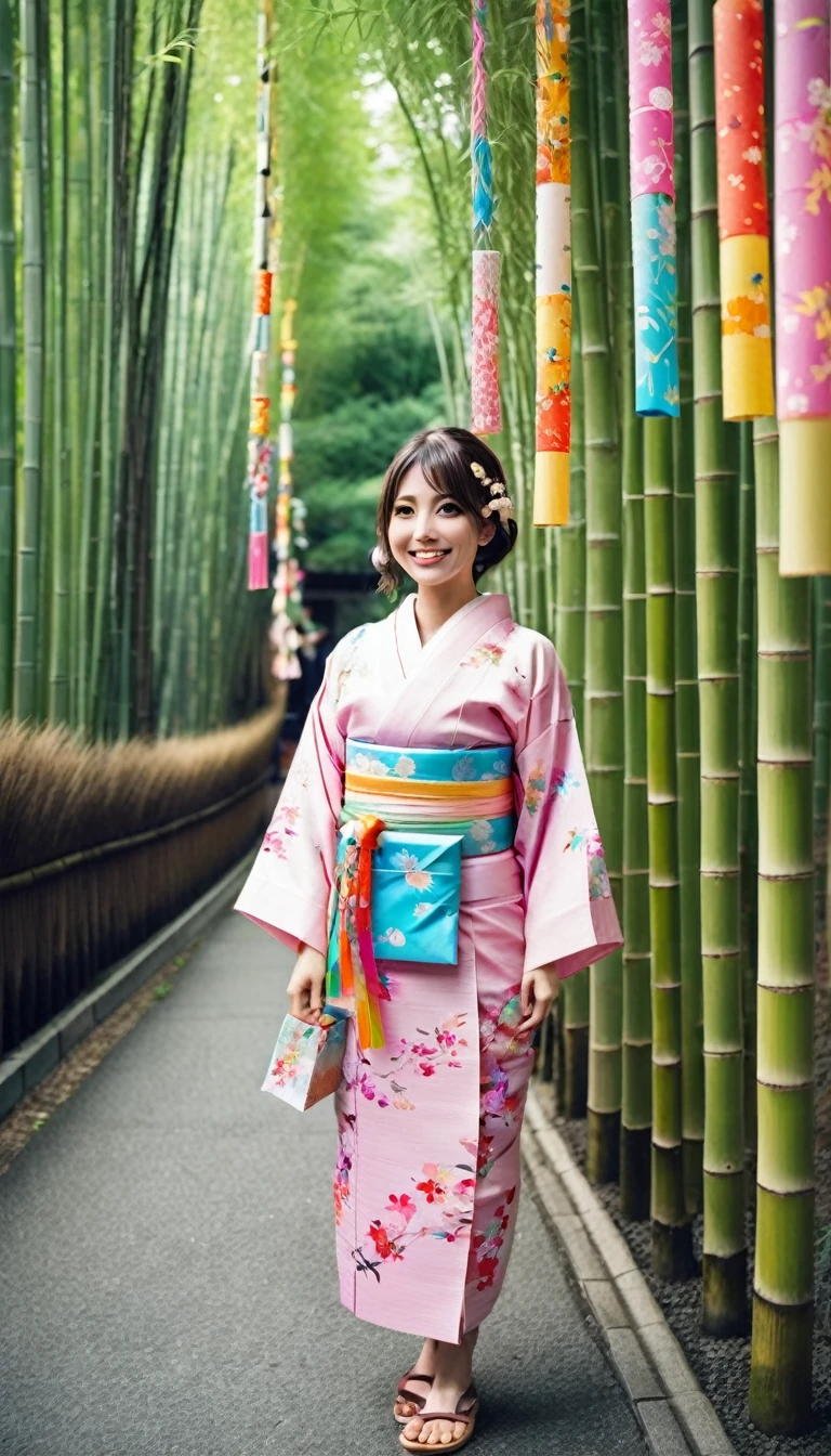 ((a girl in a yukata)),((Tanabata festival, decorated all bamboos:1.37)), ((many colorful strips of paper hanging from the bamboo branches:1.27)),