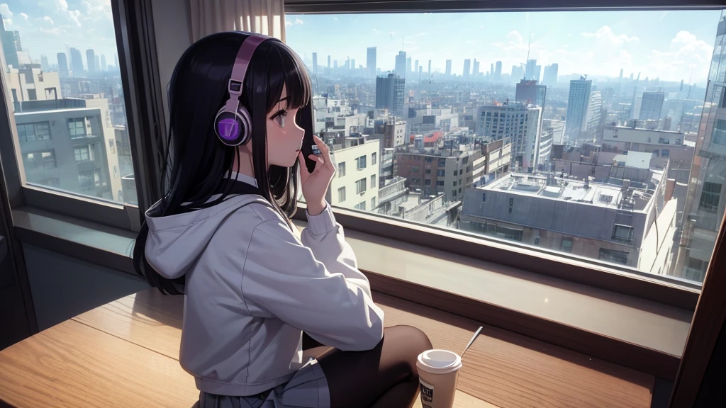 (Official Art, beautifully、mysterious:1.2), Ultra-high resolution, 8K, Anime Art Wallpaper, Works by Makoto Xin Haicheng, Lofi Art Style, Correct human body composition, Striking eyes, Oversized hoodie and short skirt, Shiny long black hair, Larger than average bust, Girl listening to music with headphones, Looking out the window, Coffee on the desk, lo-fi girl, Anime atmosphere, Anime Aesthetics, Lo-fi feel, City Room, Teenage Girl's Room, A room for music lovers, city view from the window, Impressive cityscape, Bright Sky