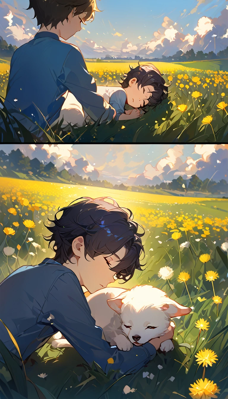 masterpiece, best quality, 8k, 4k, 1boy, ???, sleeping, dark blue hair with red stripes, blue long sleeve shirt, short pale brown pants with pocket, lay down on the field, white puppy sleeping next to the boy, siberian white puppy, white dandelions fields, dandelions Taraxacum erythrosperm, wind blowing, sleeping on the fields, finely detailed eyes and detailed face, inspired by Asukaziye artist : ask, art style : ask