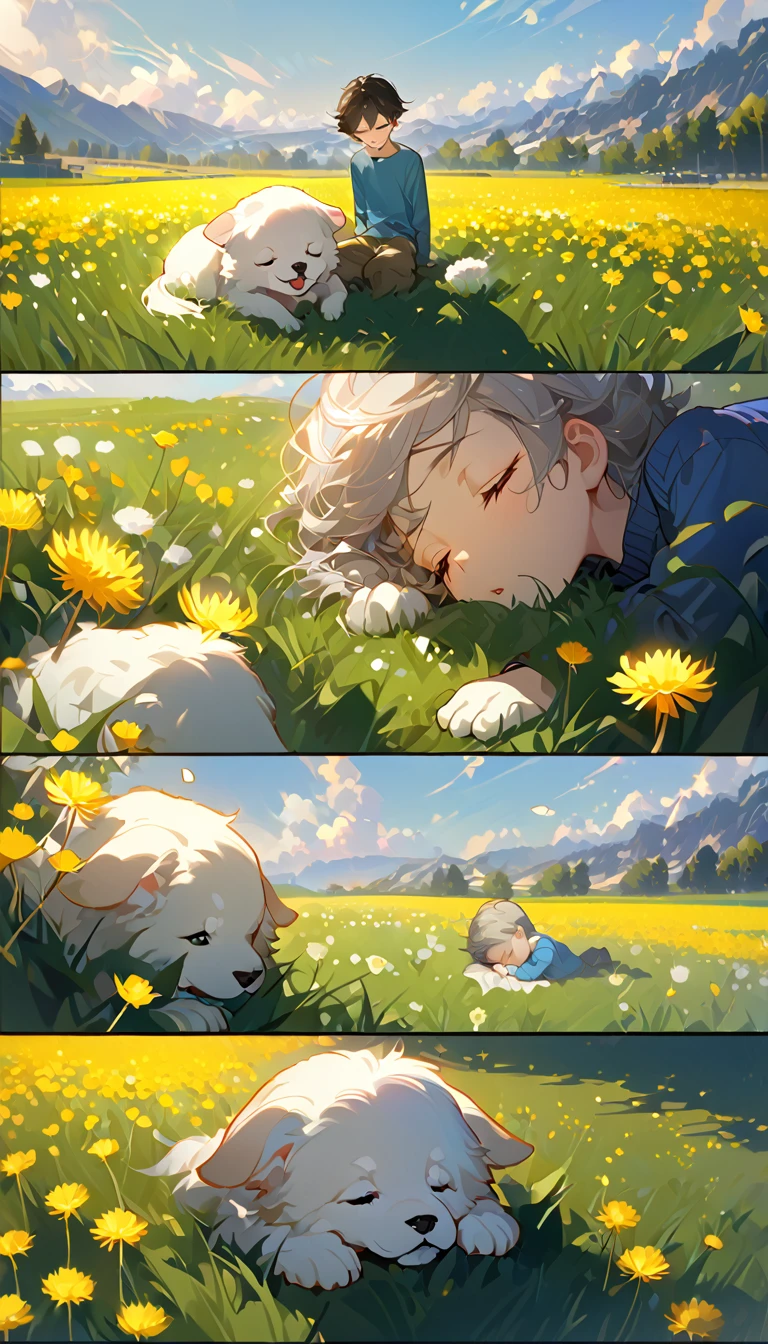 masterpiece, best quality, 8k, 4k, 1boy, kid, sleeping, dark blue hair with red stripes, blue long sleeve shirt, short pale brown pants with pocket, lay down on the field, white puppy sleeping next to the boy, siberian white puppy, white dandelions fields, dandelions Taraxacum erythrosperm, wind blowing, sleeping on the fields, finely detailed eyes and detailed face, inspired by Asukaziye artist : ask, art style : ask