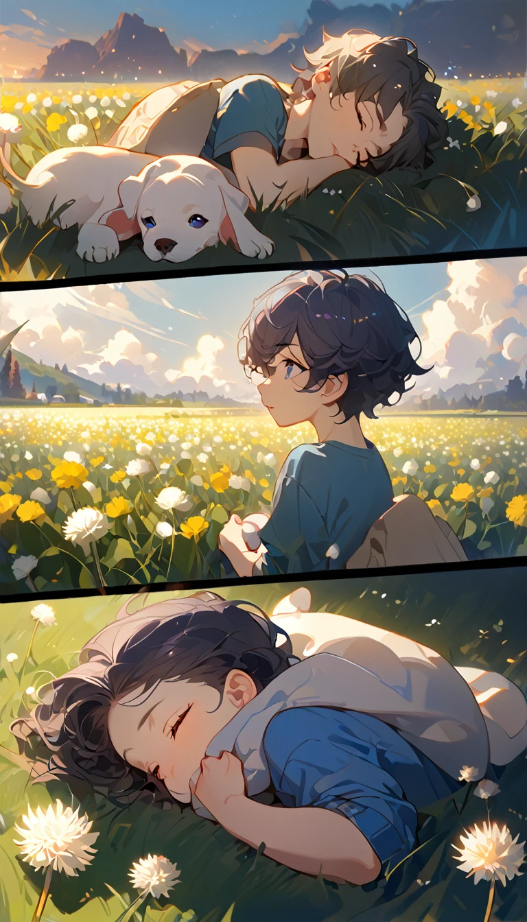 masterpiece, best quality, 8k, 4k, 1boy, kid, sleeping, dark blue hair with red stripes, blue long sleeve shirt, short pale brown pants with pocket, lay down on the field, white puppy sleeping next to the boy, siberian white puppy, white dandelions fields, dandelions Taraxacum erythrosperm, wind blowing, sleeping on the fields, finely detailed eyes and detailed face, inspired by Asukaziye artist : ask, art style : ask