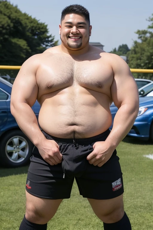 ((highest quality)), ((masterpiece)), (detailed), ((Perfect Face)), 4k, Shaved head, Young Japanese, Muscular, Fat body, Very big man, smile, ((showing off crotch))A large Japanese man topless、whole body、Rugby last week、Thick legs、Thick arm muscles、Intimidating、whole body、wearing a very tight black shorts