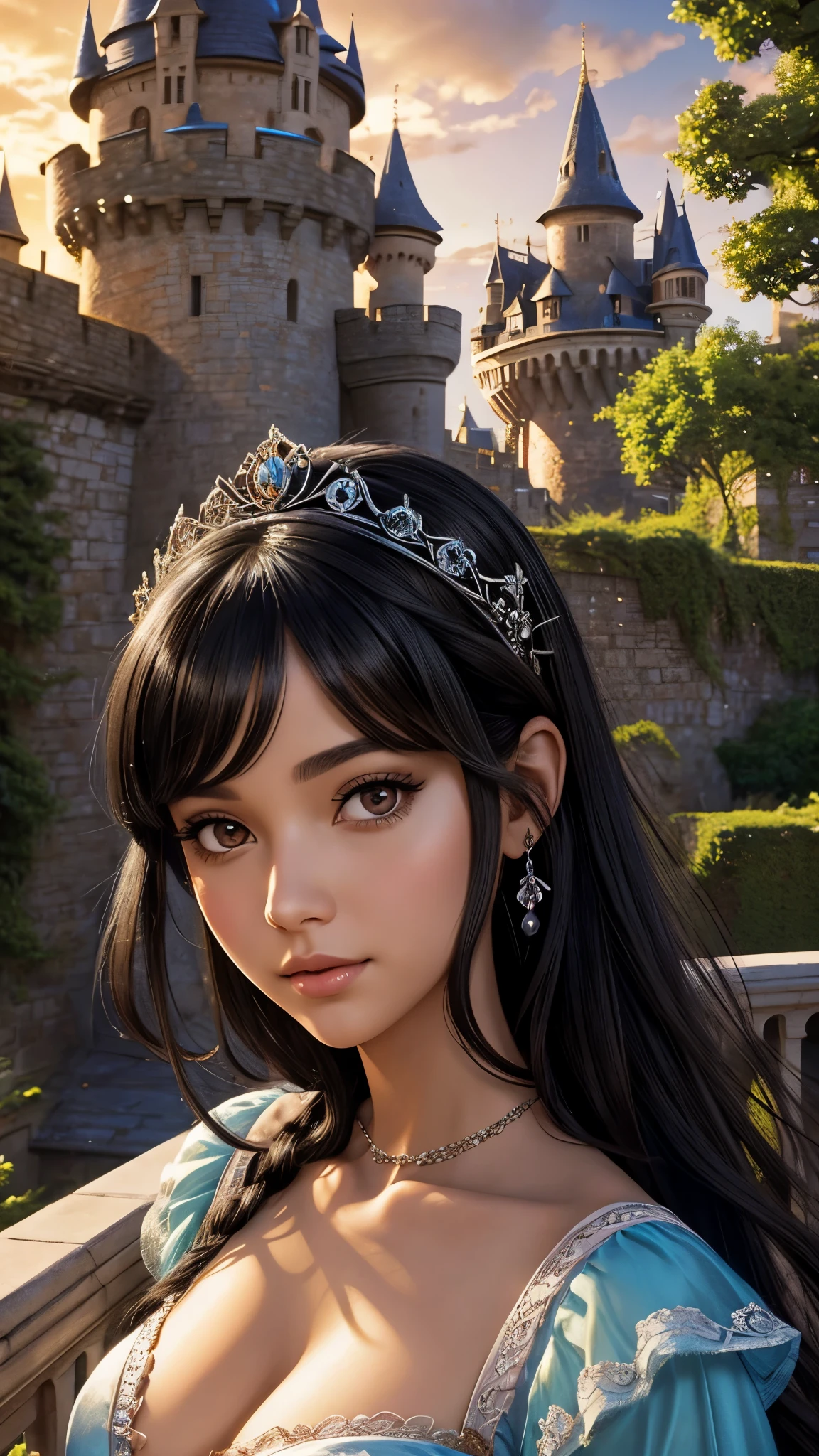 Beautiful fairy tale princess with black hair, brown eyes leaning out on the balcony of a castle close-up of the face 