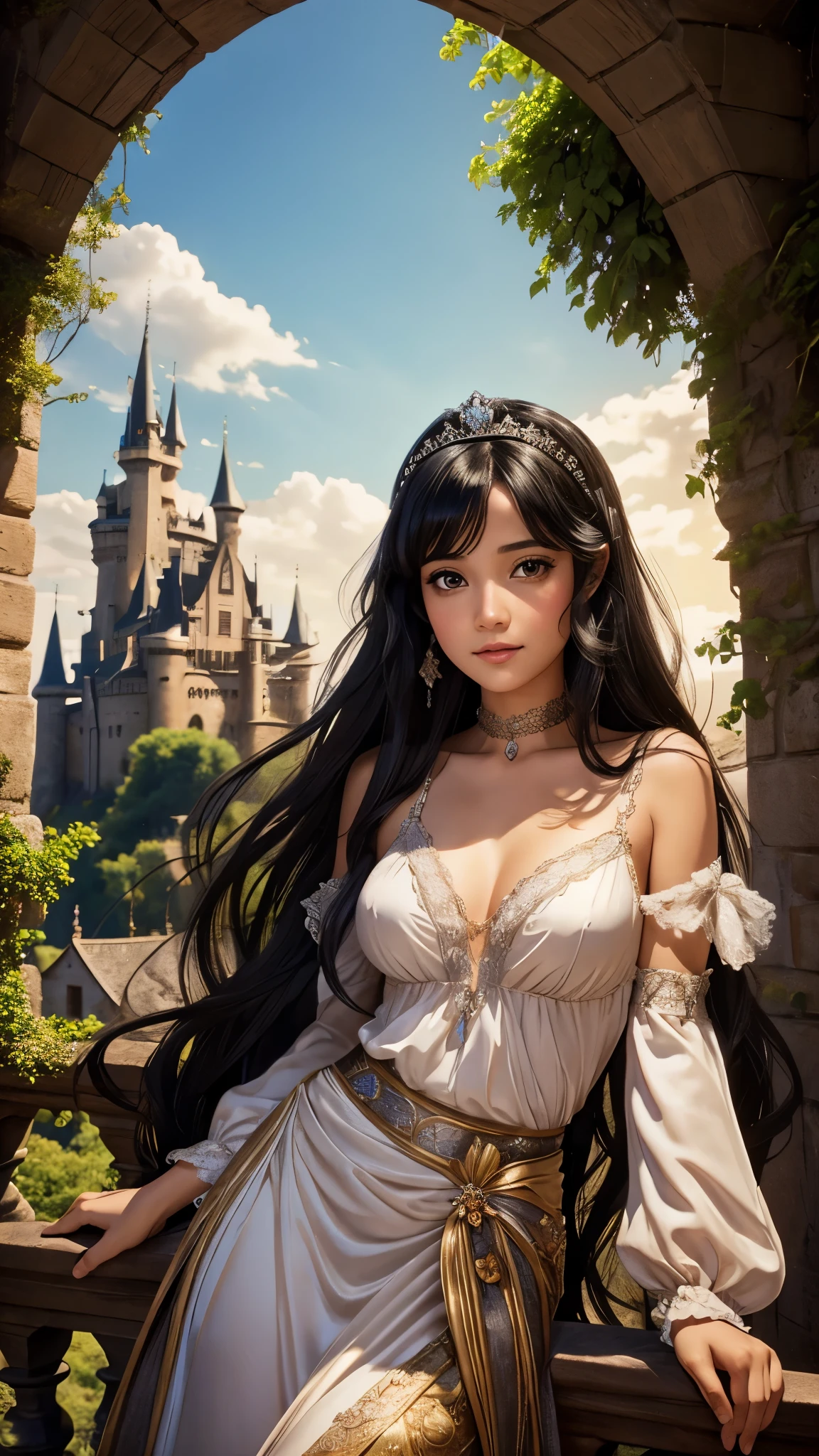 Beautiful fairy tale princess with black hair, brown eyes leaning out on the balcony of a castle close-up of the face