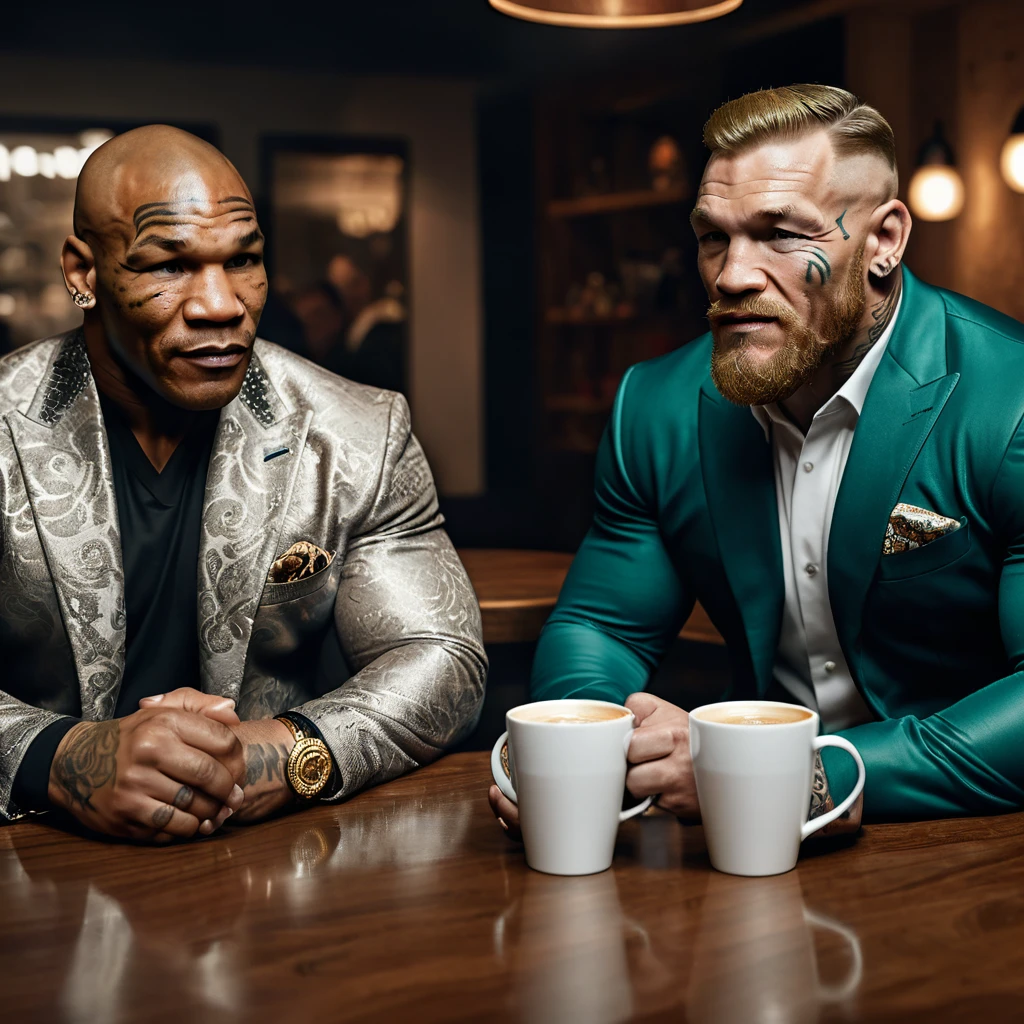 a detailed portrait of Mike Tyson, Mr Conor McGregor, sitting together drinking coffee happily, extremely detailed, high quality, realistic, photorealistic, 8k, hyper detailed, ultra-detailed, cinematic lighting, dramatic atmosphere, warm color tones, detailed facial features, intricate clothing textures, natural skin tones, masterpiece