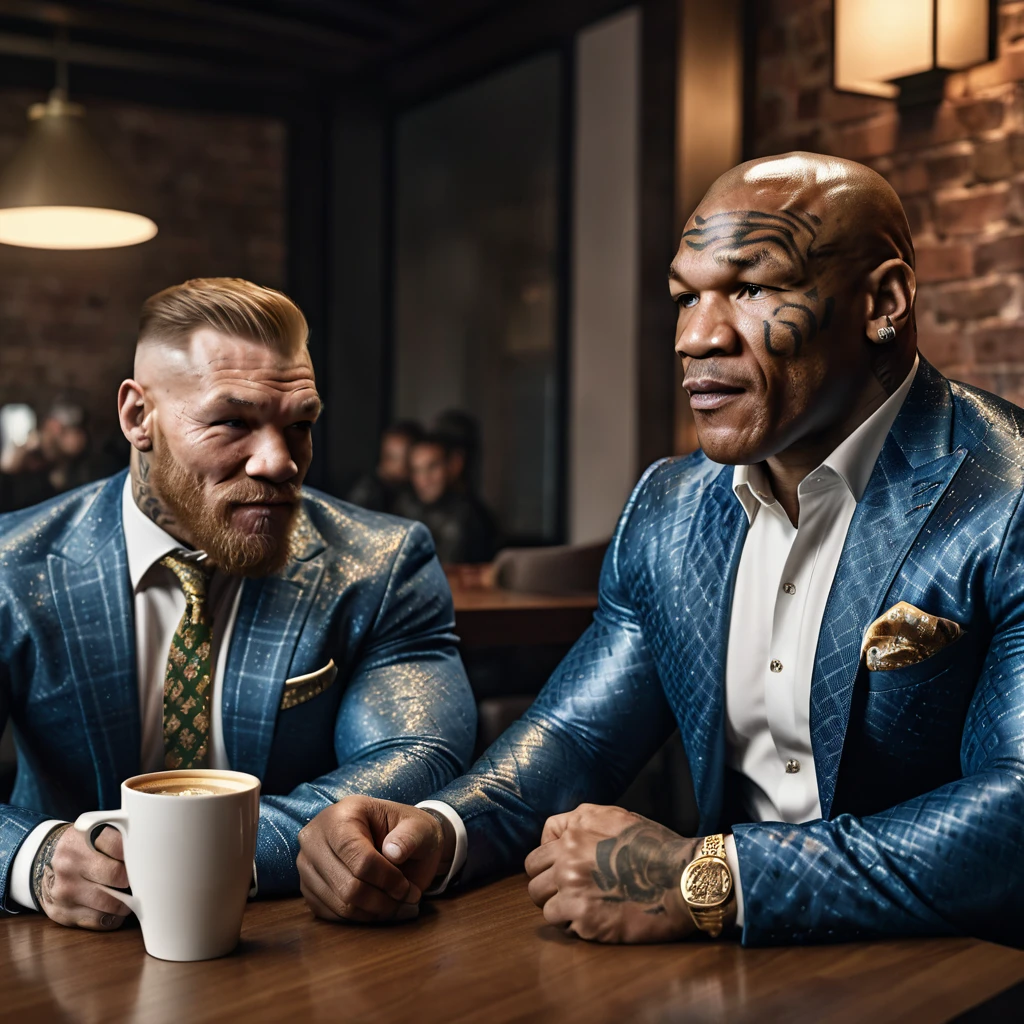 a detailed portrait of Mike Tyson, Mr Conor McGregor, sitting together drinking coffee happily, extremely detailed, high quality, realistic, photorealistic, 8k, hyper detailed, ultra-detailed, cinematic lighting, dramatic atmosphere, warm color tones, detailed facial features, intricate clothing textures, natural skin tones, masterpiece