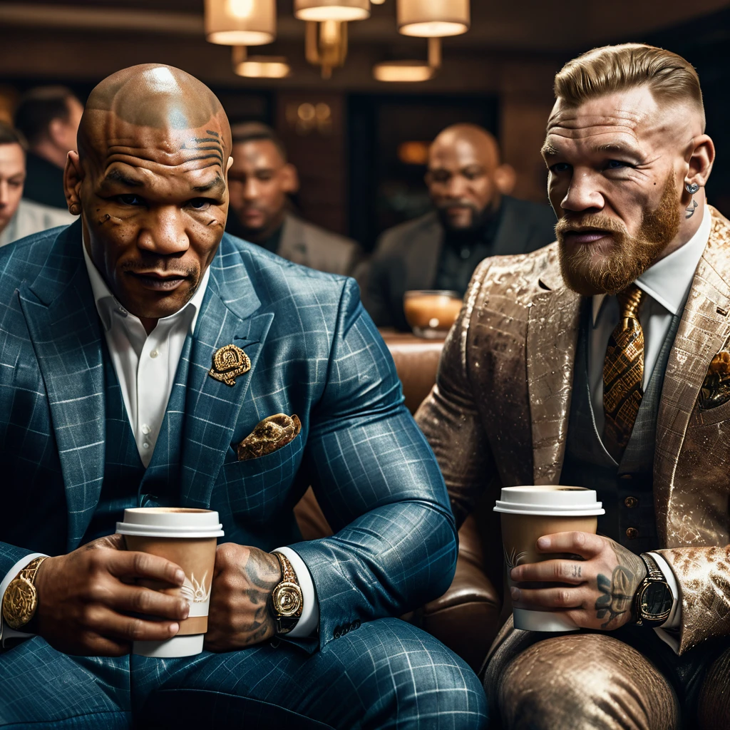 a detailed portrait of Mike Tyson, Mr Conor McGregor, sitting together drinking coffee happily, extremely detailed, high quality, realistic, photorealistic, 8k, hyper detailed, ultra-detailed, cinematic lighting, dramatic atmosphere, warm color tones, detailed facial features, intricate clothing textures, natural skin tones, masterpiece