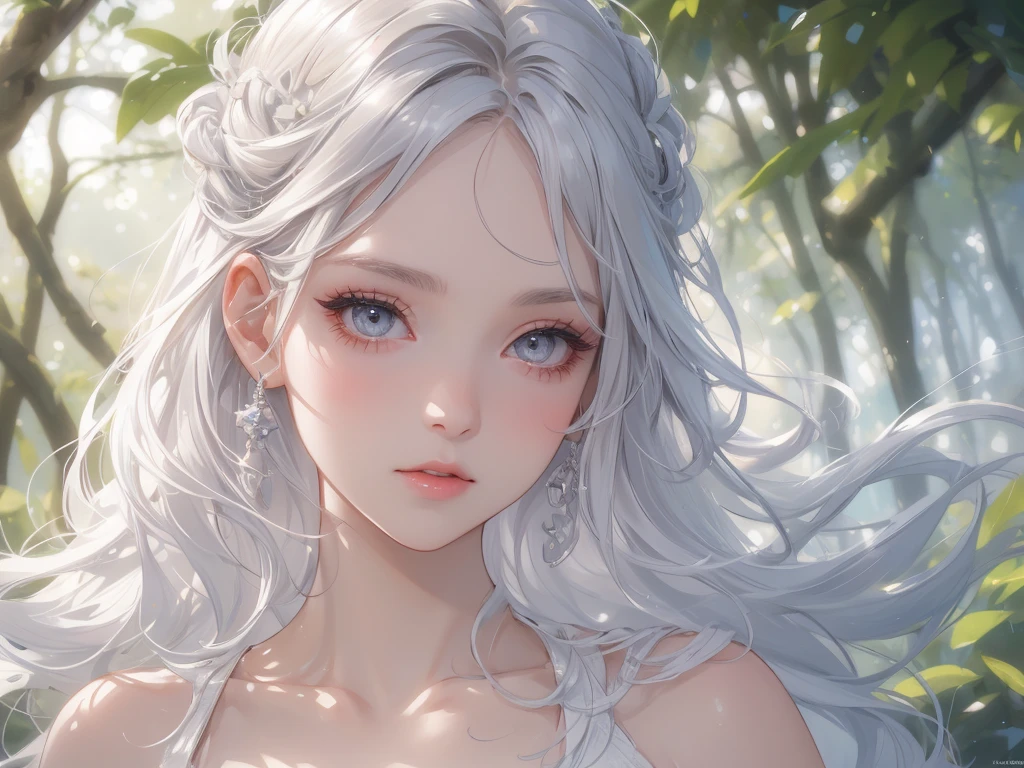 work of art, best qualityer, facefocus, rosto angelical, epic details, best resolution, 4K, (linda), blushed face, gray eyes, White hair, (( white eyelashes )), unsmooth skin, creative, good lighting, forest in the background