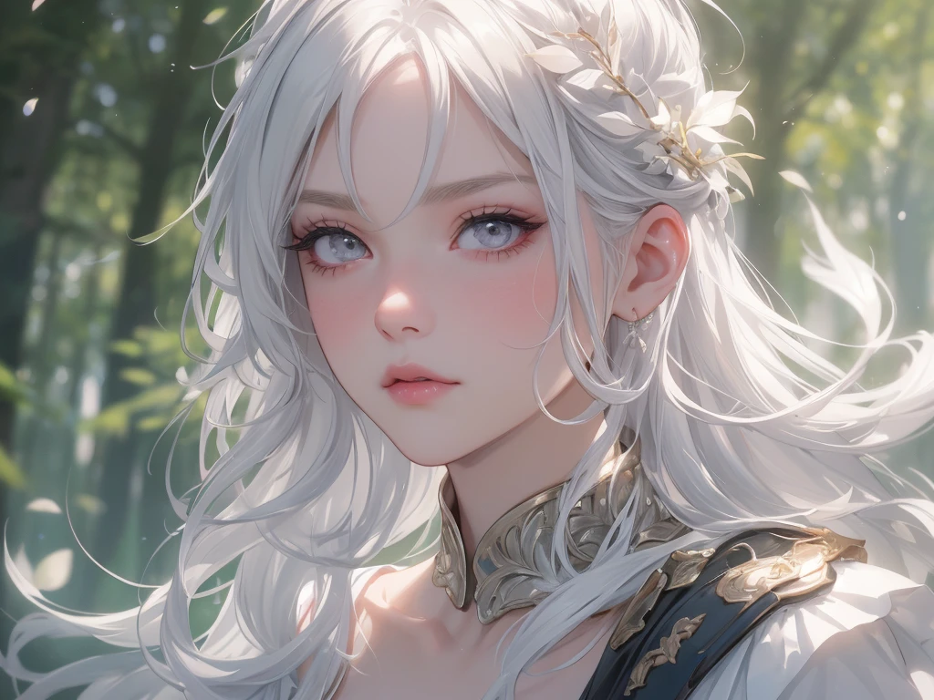 work of art, best qualityer, facefocus, rosto angelical, epic details, best resolution, 4K, (linda), blushed face, gray eyes, White hair, (( white eyelashes )), unsmooth skin, creative, good lighting, forest in the background