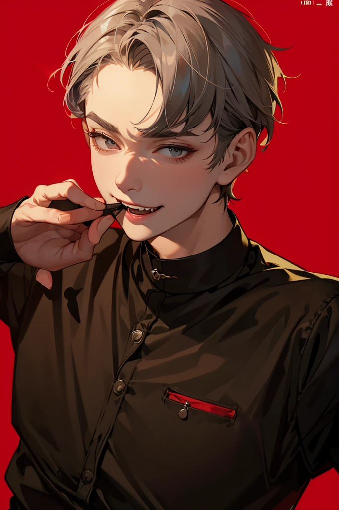 Short-haired man、Show your fangs,Pull the corners of your mouth with your hands、Black Jersey、Gray Hair