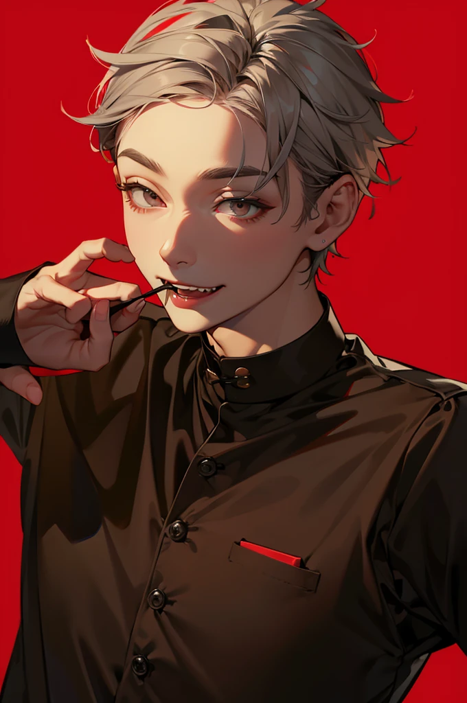 Short-haired man、Show your fangs,Pull the corners of your mouth with your hands、Black Jersey、Gray Hair