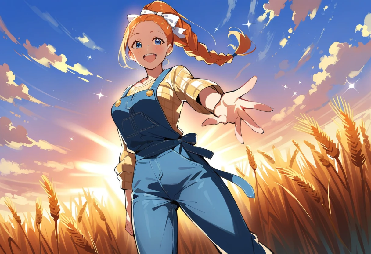 pewarnaan character, visual illustration, @ANN, ann \(harvest moon\), ran \(bokujou monogatari\), aged up, 1girl, ponytail, braid, braided ponytail, single braid, forehead, solo, (overalls), outdoors, sky, wheat, field, (blue overalls), smile, blue eyes, wheat field, looking at viewer, breasts, long sleeves, yellow shirt, orange hair, blonde hair, cowboy shot, collarbone, collared shirt, cleavage, denim, upper teeth only, medium breasts, standing, teeth, oversized clothes, long hair, partially unbuttoned, pants, oversized shirt, buttons, head tilt, flat chest, hair bow, white bow, tomboy, round teeth, plaid shirt, denim overalls, mature female, tall, tall female, slim body, freckles, twilight, cloudy sky, scenery, reaching, grass, floating braid, sunset, cloud, scenery, jeans, bow, hair ribbon, sparkle, sunbeam, light rays, highres, 4k, 8k