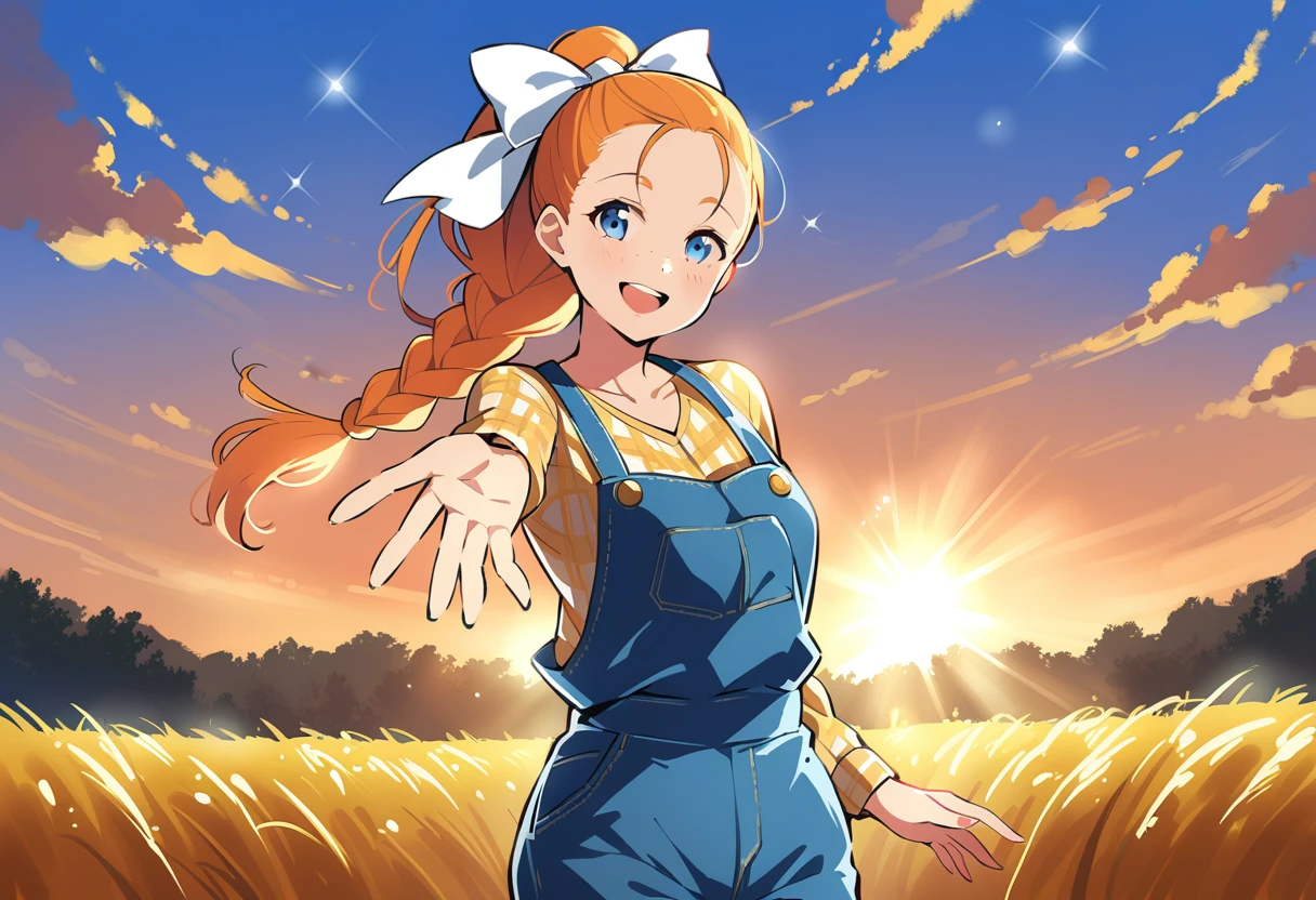 pewarnaan character, visual illustration, @ANN, ann \(harvest moon\), ran \(bokujou monogatari\), aged up, 1girl, ponytail, braid, braided ponytail, single braid, forehead, solo, (overalls), outdoors, sky, wheat, field, (blue overalls), smile, blue eyes, wheat field, looking at viewer, breasts, long sleeves, yellow shirt, orange hair, blonde hair, cowboy shot, collarbone, collared shirt, cleavage, denim, upper teeth only, medium breasts, standing, teeth, oversized clothes, long hair, partially unbuttoned, pants, oversized shirt, buttons, head tilt, flat chest, hair bow, white bow, tomboy, round teeth, plaid shirt, denim overalls, mature female, tall, tall female, slim body, freckles, twilight, cloudy sky, scenery, reaching, grass, floating braid, sunset, cloud, scenery, jeans, bow, hair ribbon, sparkle, sunbeam, light rays, highres, 4k, 8k