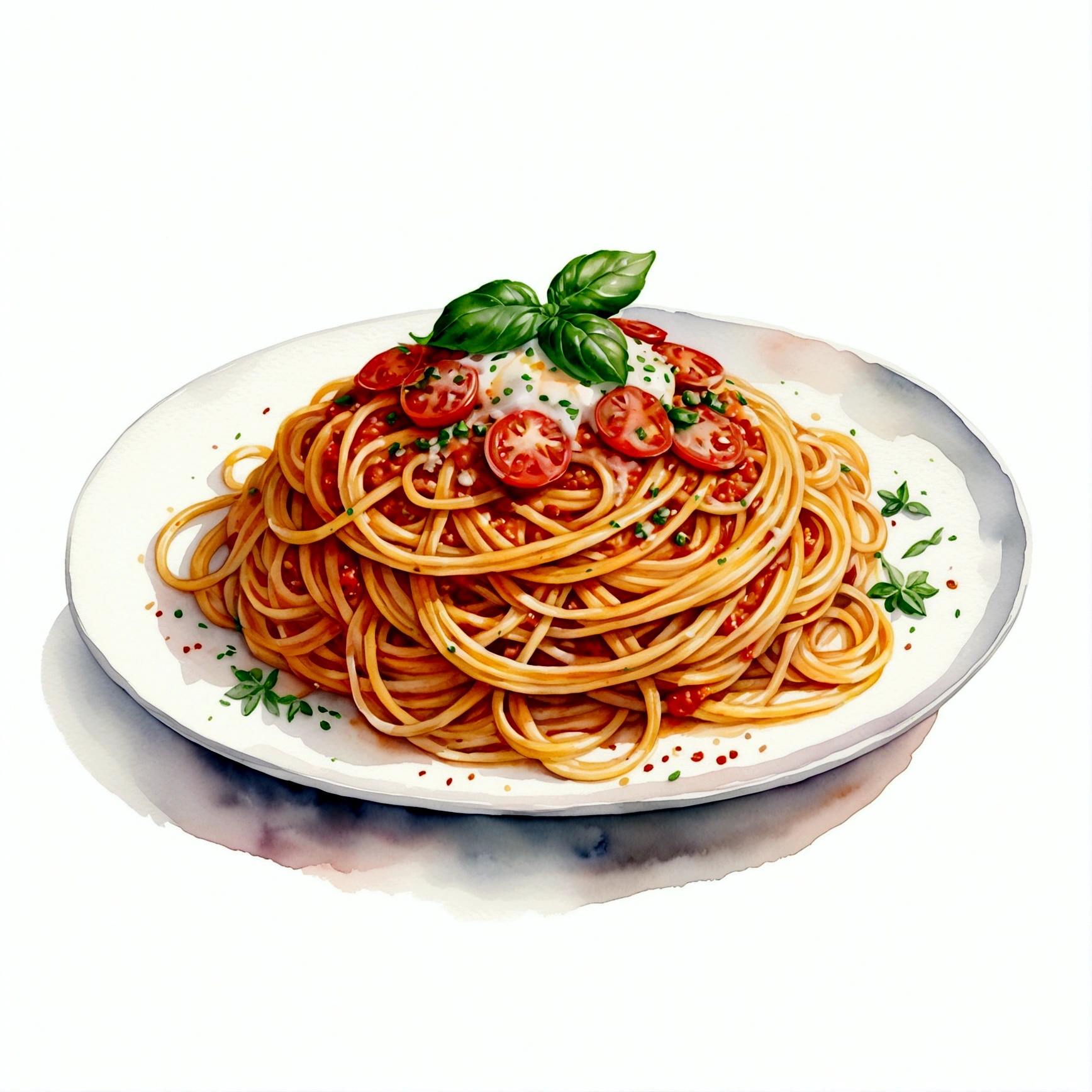 there is a huge extremely delicious spaghetti, illustration, isolated with solid white background, surrounded with negative space, centered compositon, 8k, highly detailed painting, very precise painting, Isolated, clear brilliant white background, perspective angle of view, realistic, watercolor