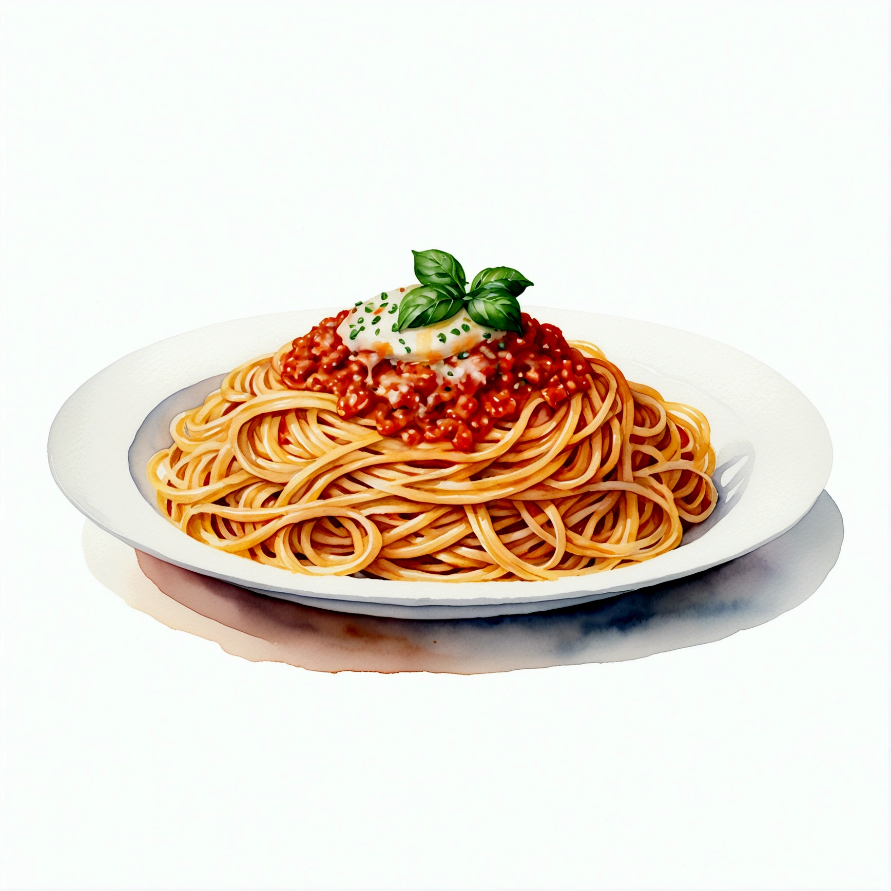 there is a huge extremely delicious spaghetti, illustration, isolated with solid white background, surrounded with negative space, centered compositon, 8k, highly detailed painting, very precise painting, Isolated, clear brilliant white background, perspective angle of view, realistic, watercolor