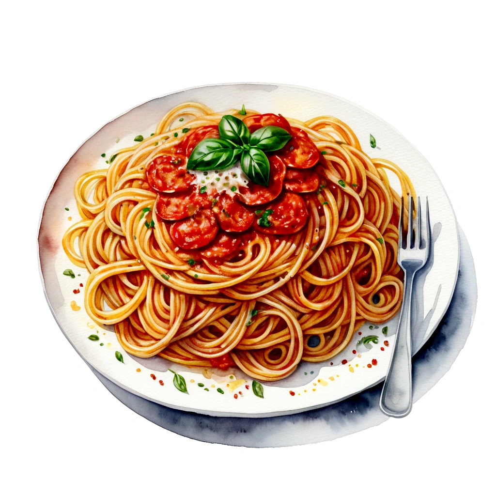 there is a huge extremely delicious spaghetti, illustration, isolated with solid white background, surrounded with negative space, centered compositon, 8k, highly detailed painting, very precise painting, Isolated, clear brilliant white background, perspective angle of view, realistic, watercolor