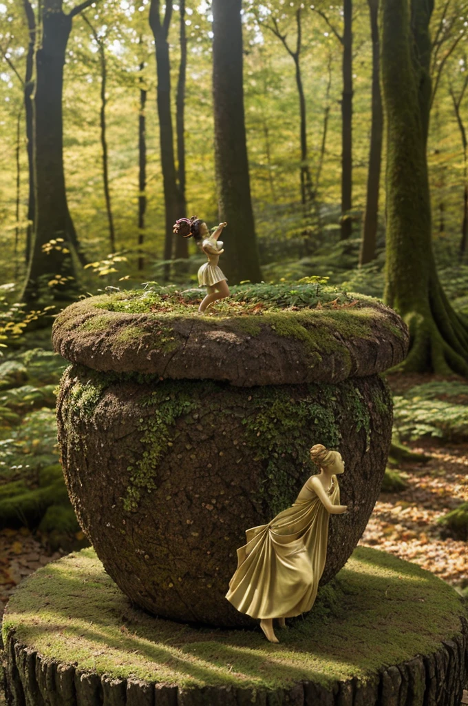 A whimsical miniature figure composed of delicately arranged autumn leaves, poised in a carefree dance on the rim of a weathered, moss-covered terracotta pot, set against a lush, vibrant forest backdrop, where dappled sunlight filters through the canopy above, casting intricate shadows. The overall aesthetic is ethereal, with warm, earthy tones of sienna, umber, and olive green, infused with hints of emerald and golden light, evoking a sense of wonder and enchantment, as if plucked from a fantastical realm.